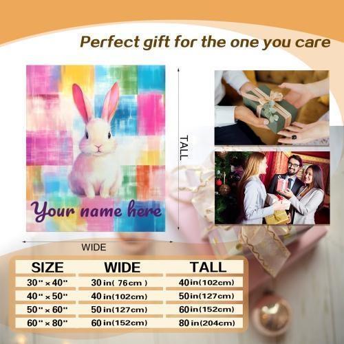 Personalized White Bunny Blanket: Rainbow Patchwork Microfiber Throw, Rabbit, Super Soft Name Gift