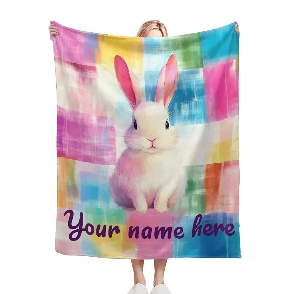 Personalized White Bunny Blanket: Rainbow Patchwork Microfiber Throw, Rabbit, Super Soft Name Gift