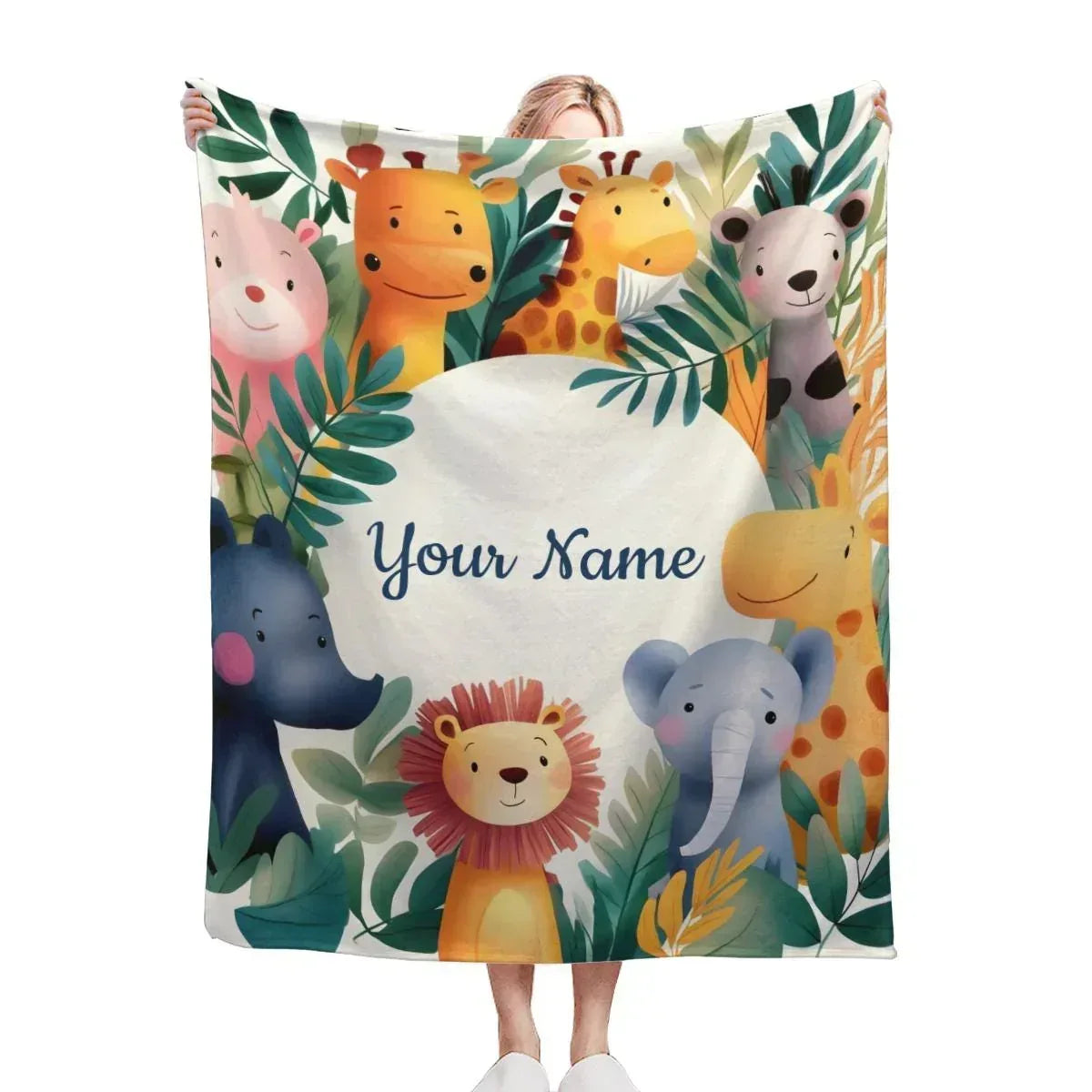 Personalized Safari Animal Blanket: Jungle Lion Elephant Giraffe Flannel Fleece Throw, Soft Name Gift
