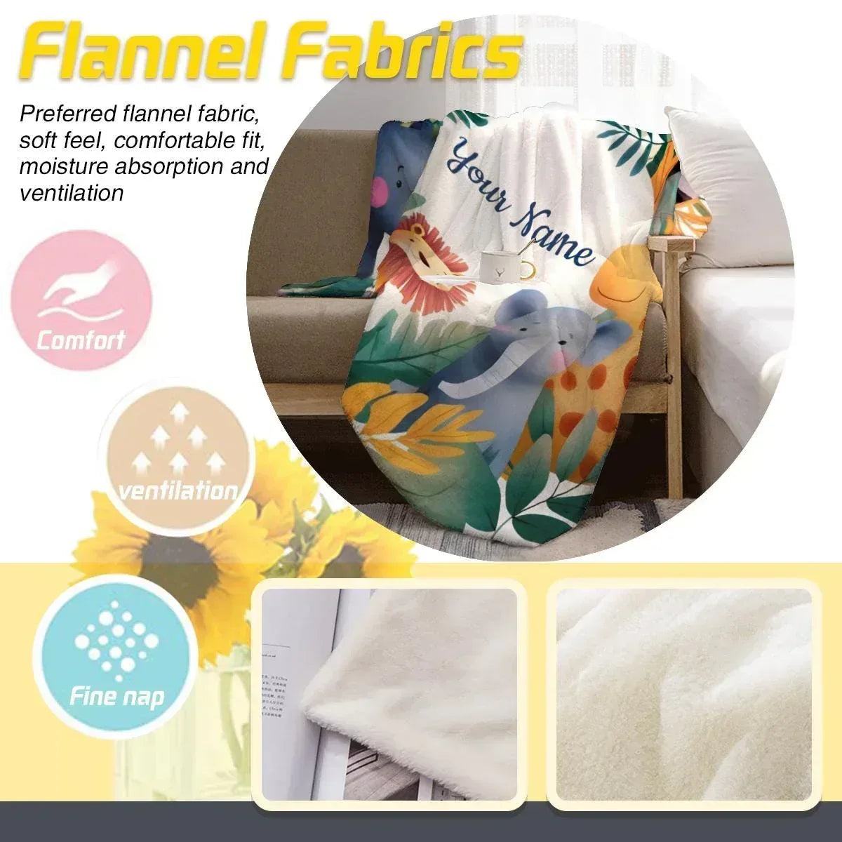 Personalized Safari Animal Blanket: Jungle Lion Elephant Giraffe Flannel Fleece Throw, Soft Name Gift