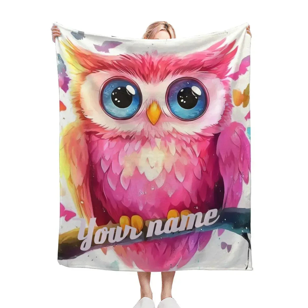 Personalized Pink Owl Bird Blanket: Flannel Fleece Throw, Super Soft Bedding Sofa Name Gift