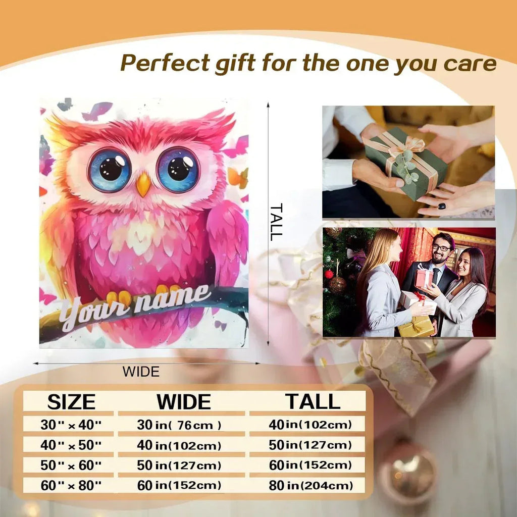 Personalized Pink Owl Bird Blanket: Flannel Fleece Throw, Super Soft Bedding Sofa Name Gift