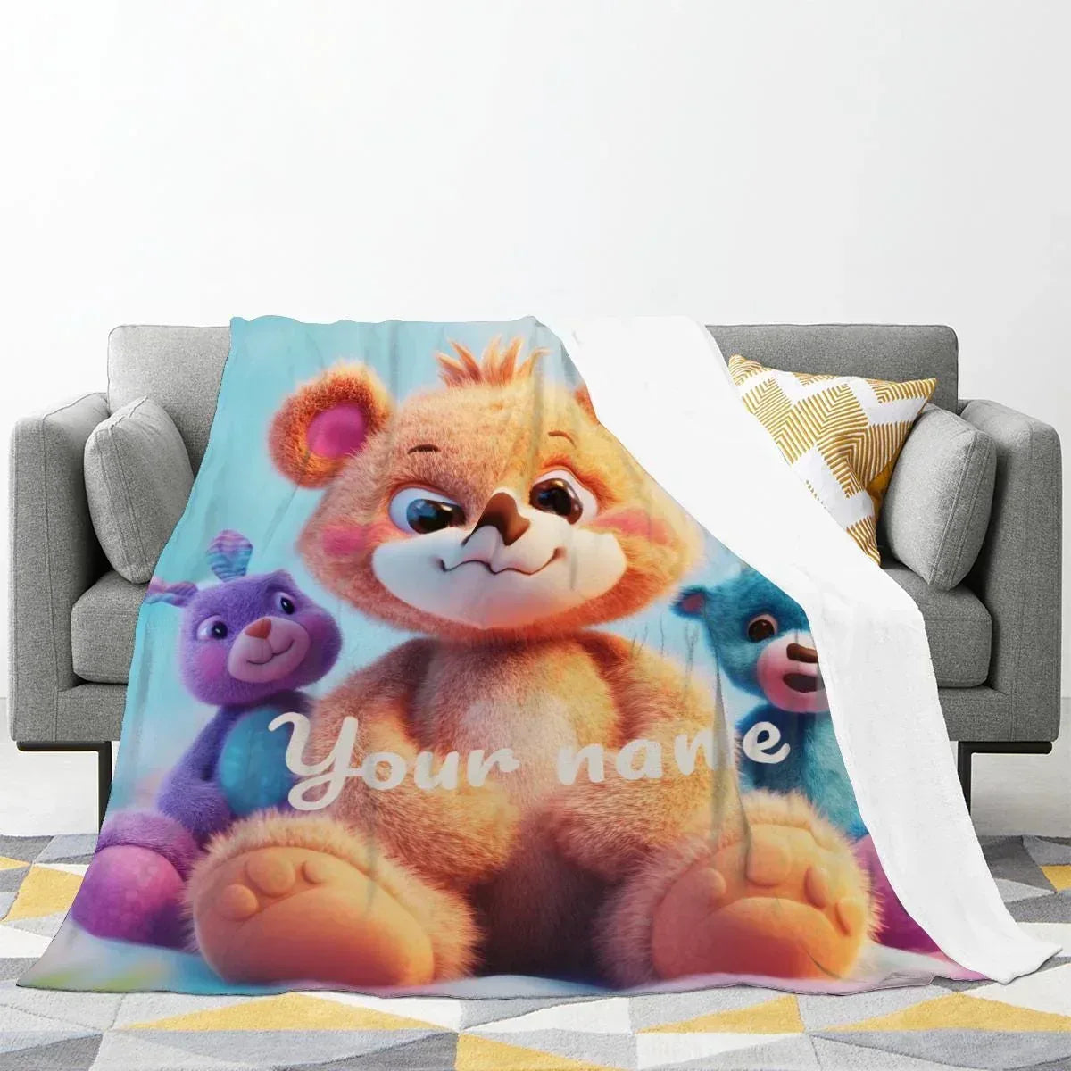 Personalized Teddy Bear Plush Blanket: Fluffy Cosy Throw, Soft Flannel Fleece Name Gift