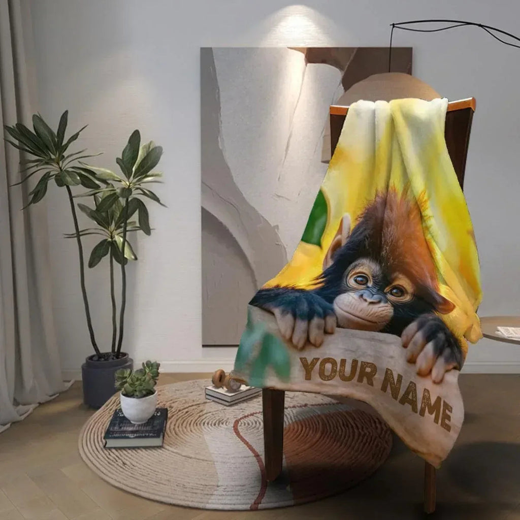 Personalized Baby Chimpanzee Blanket: Jungle Nursery Throw, Super Soft Name Gift