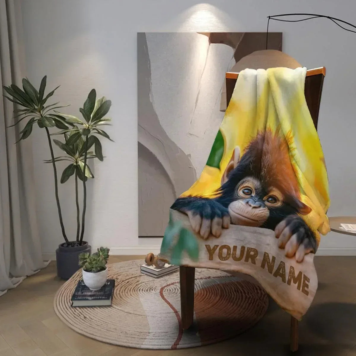 Personalized Baby Chimpanzee Blanket: Jungle Nursery Throw, Super Soft Name Gift