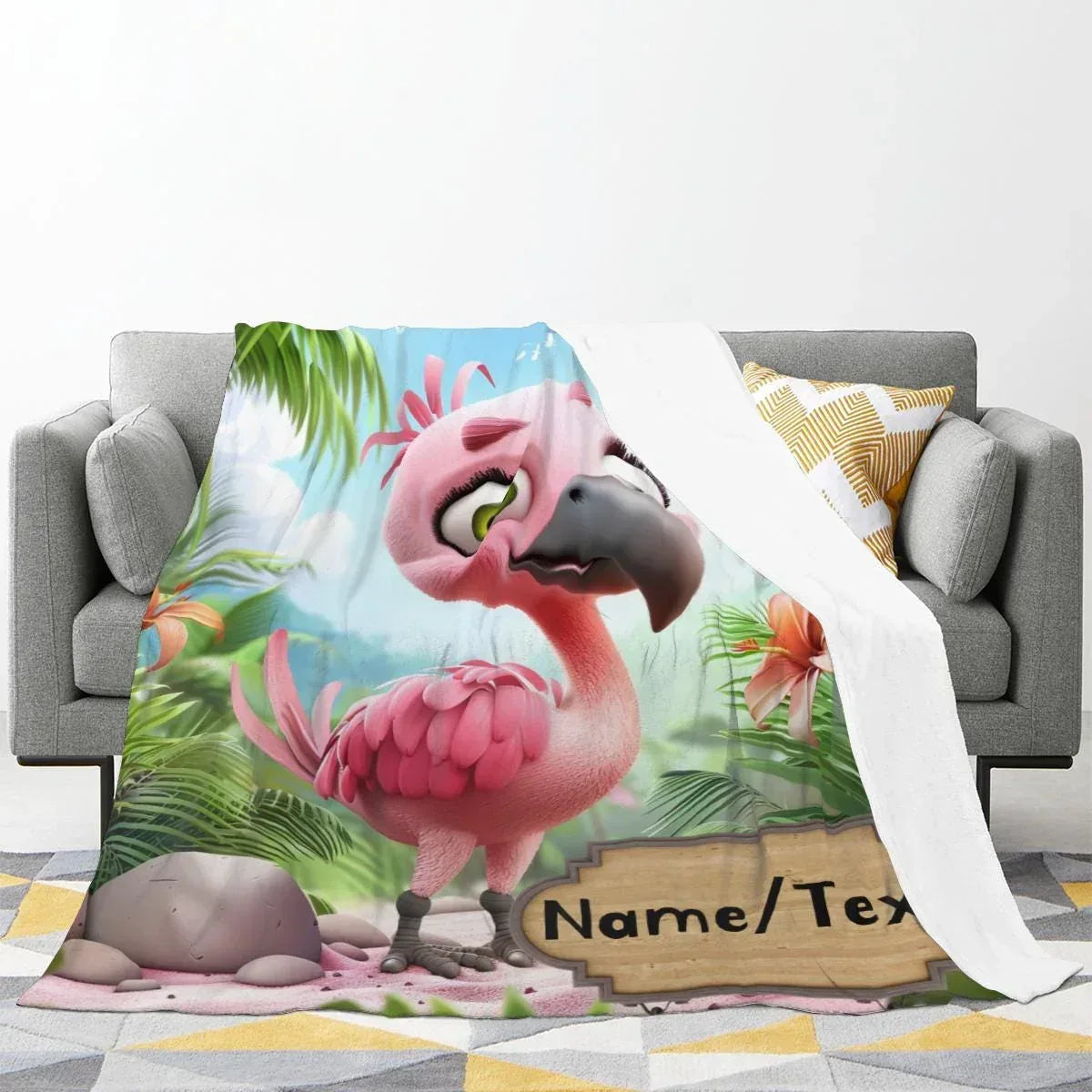 Personalized Flamingo Blanket - Cartoon Bird Super Soft Pink Green Bedroom Throw Custom Name Gift