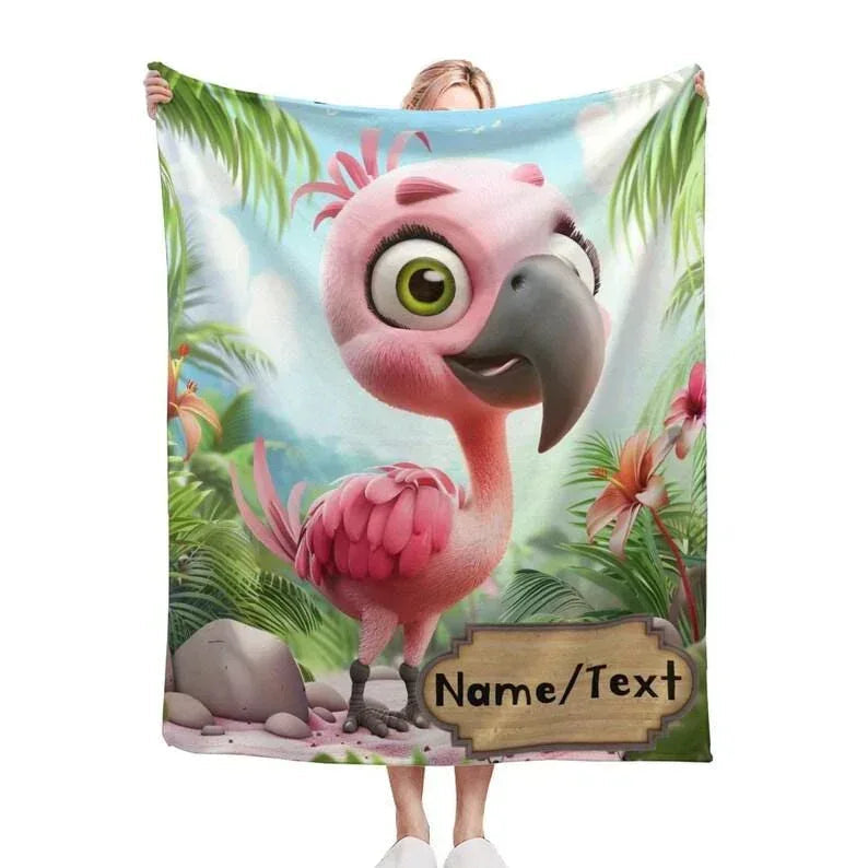 Personalized Flamingo Blanket - Cartoon Bird Super Soft Pink Green Bedroom Throw Custom Name Gift