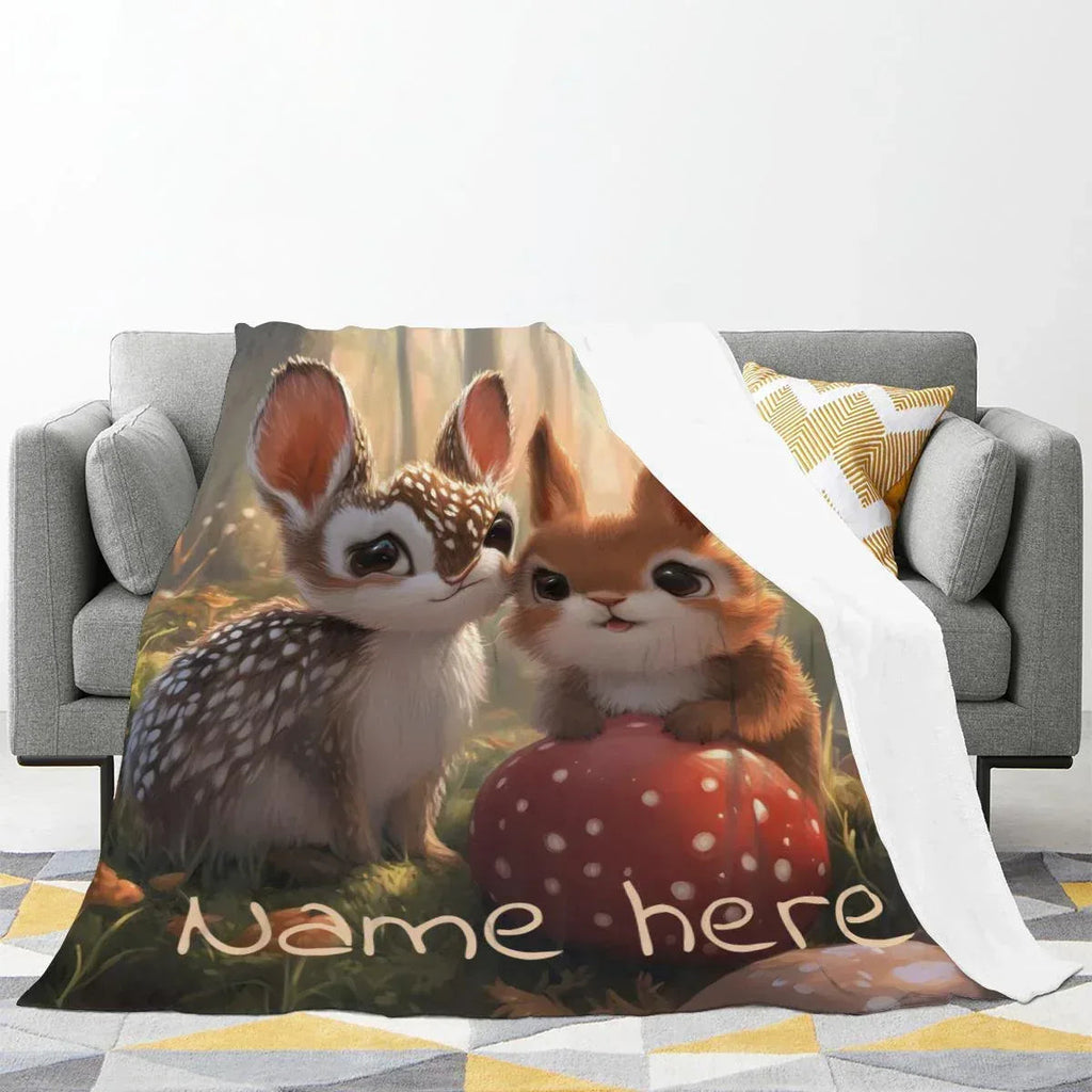 Personalized Bunny & Deer Snuggle Blanket: Soft Flannel Fleece Throw, Name Gift