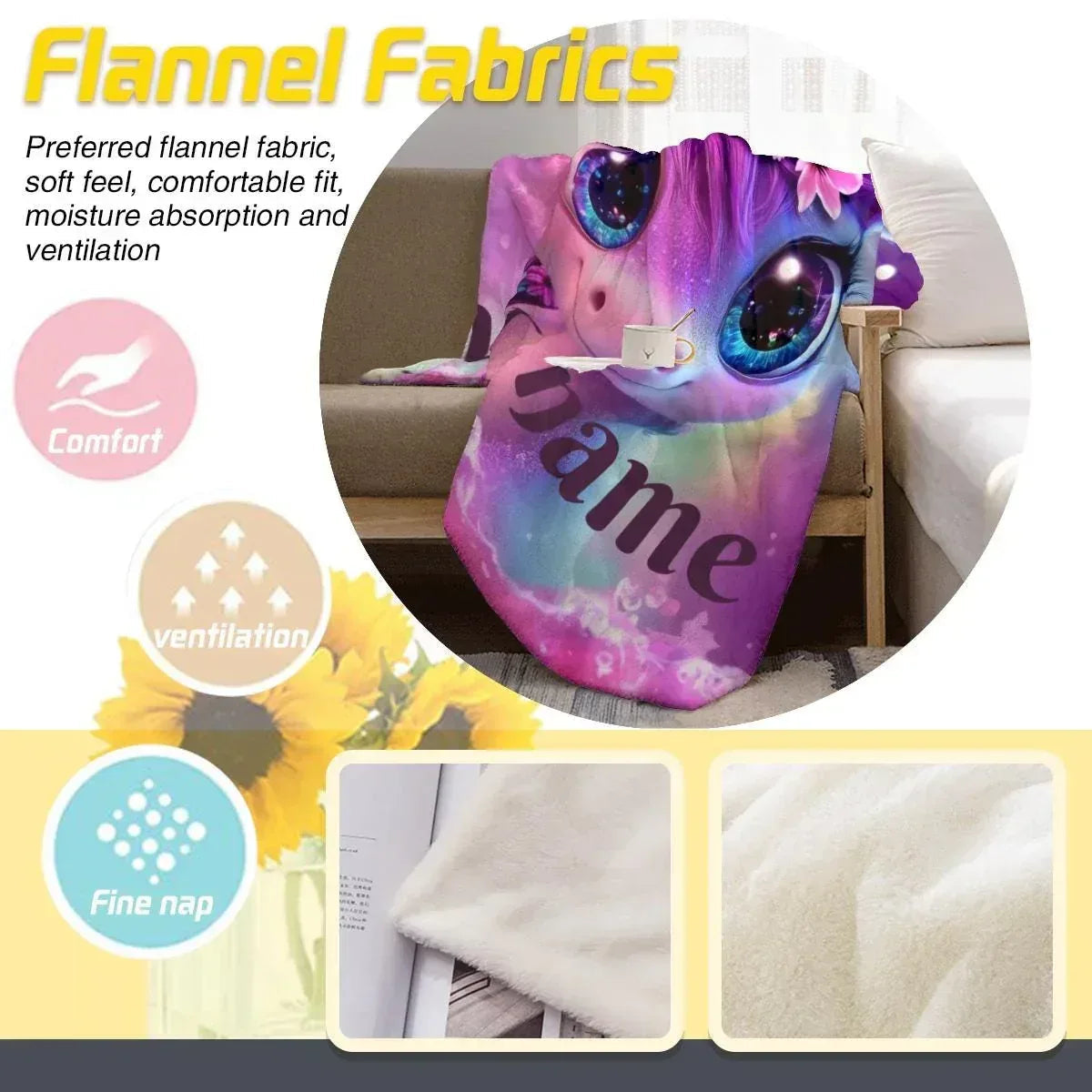 Personalized Unicorn Fleece Blanket: Purple Magical Floral Kids Throw, Super Soft Name Gift