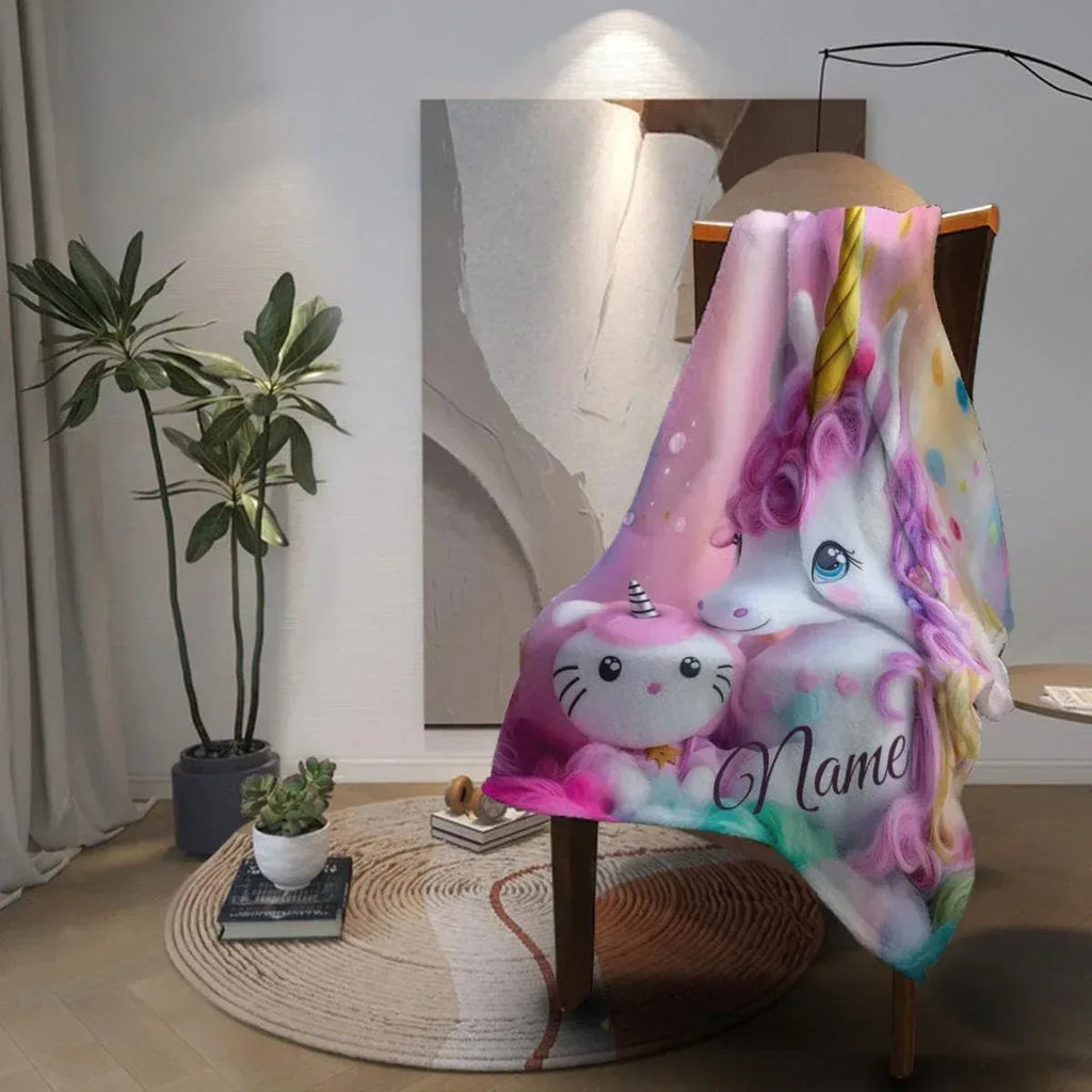 Personalized Hello Kitty Unicorn Blanket: Flannel Fleece Throw, Super Soft Name Gift