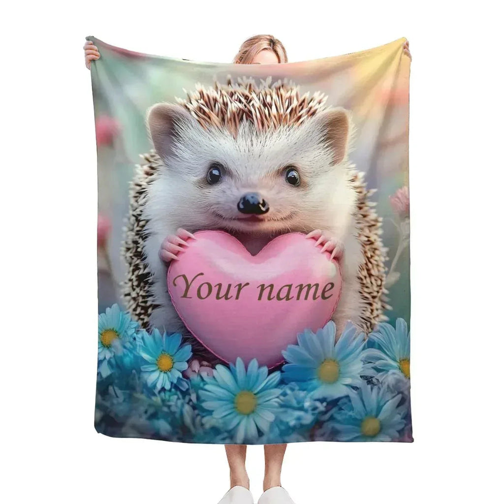 Personalized Hedgehog Love Heart Blanket: Romantic Flannel Fleece Throw, Super Soft Name Gift
