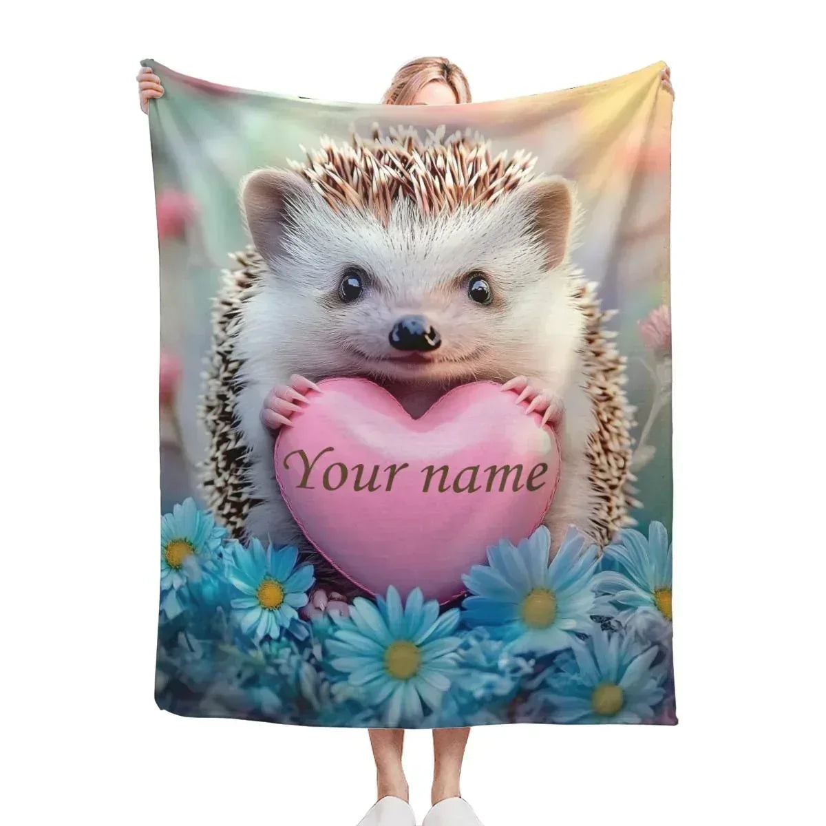 Personalized Hedgehog Love Heart Blanket: Romantic Flannel Fleece Throw, Super Soft Name Gift