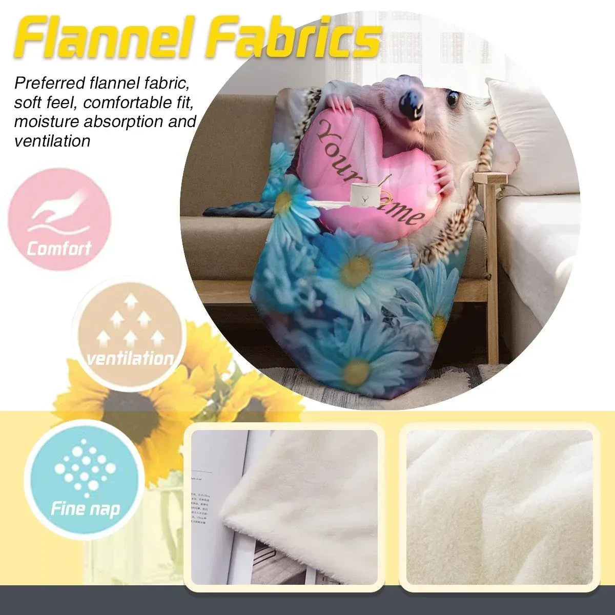 Personalized Hedgehog Love Heart Blanket: Romantic Flannel Fleece Throw, Super Soft Name Gift