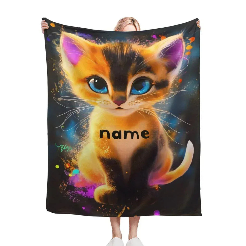 Personalized Starry-Eyed Kitten Blanket: Soft Flannel Fleece Cat Throw, Meow, Name Gift
