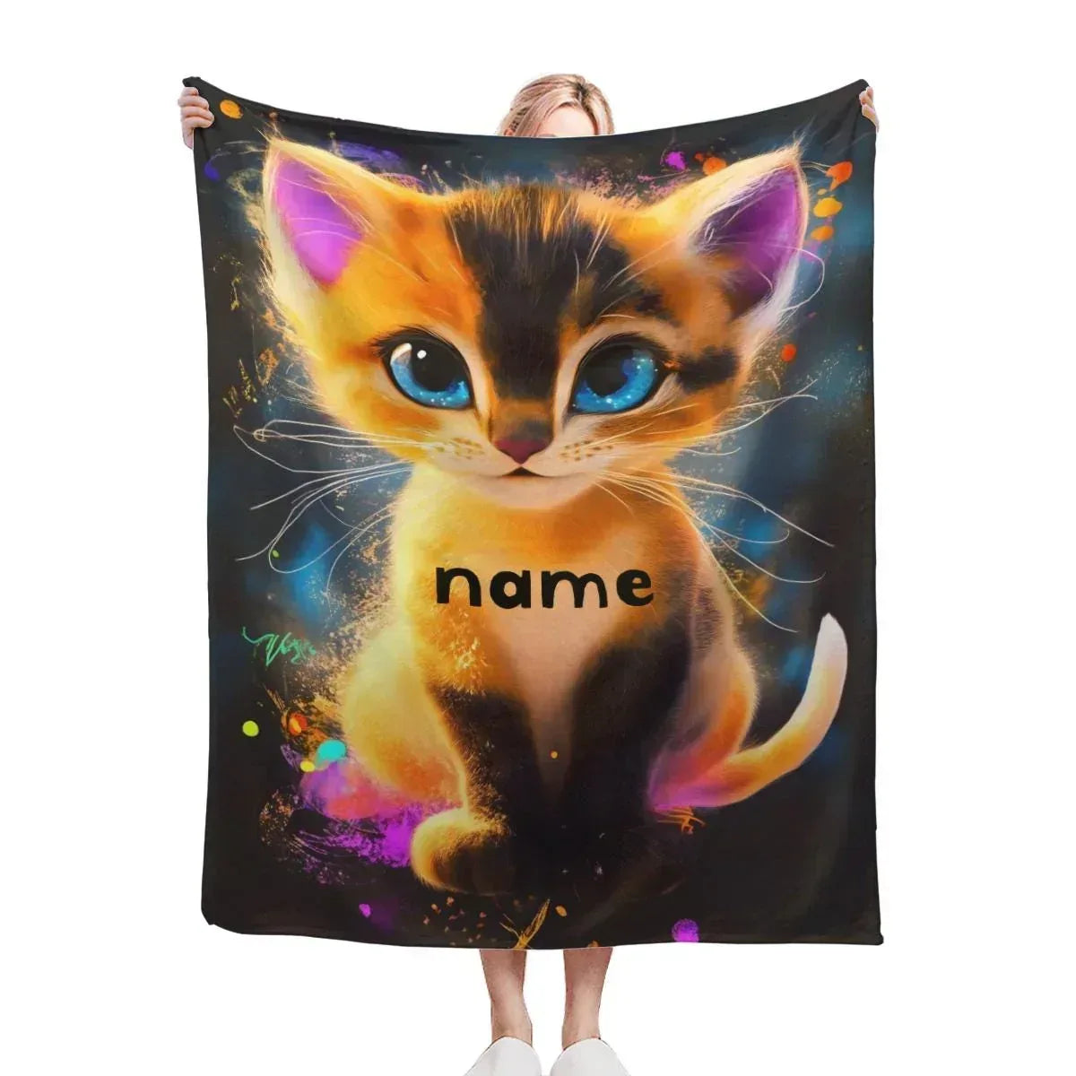 Personalized Starry-Eyed Kitten Blanket: Soft Flannel Fleece Cat Throw, Meow, Name Gift