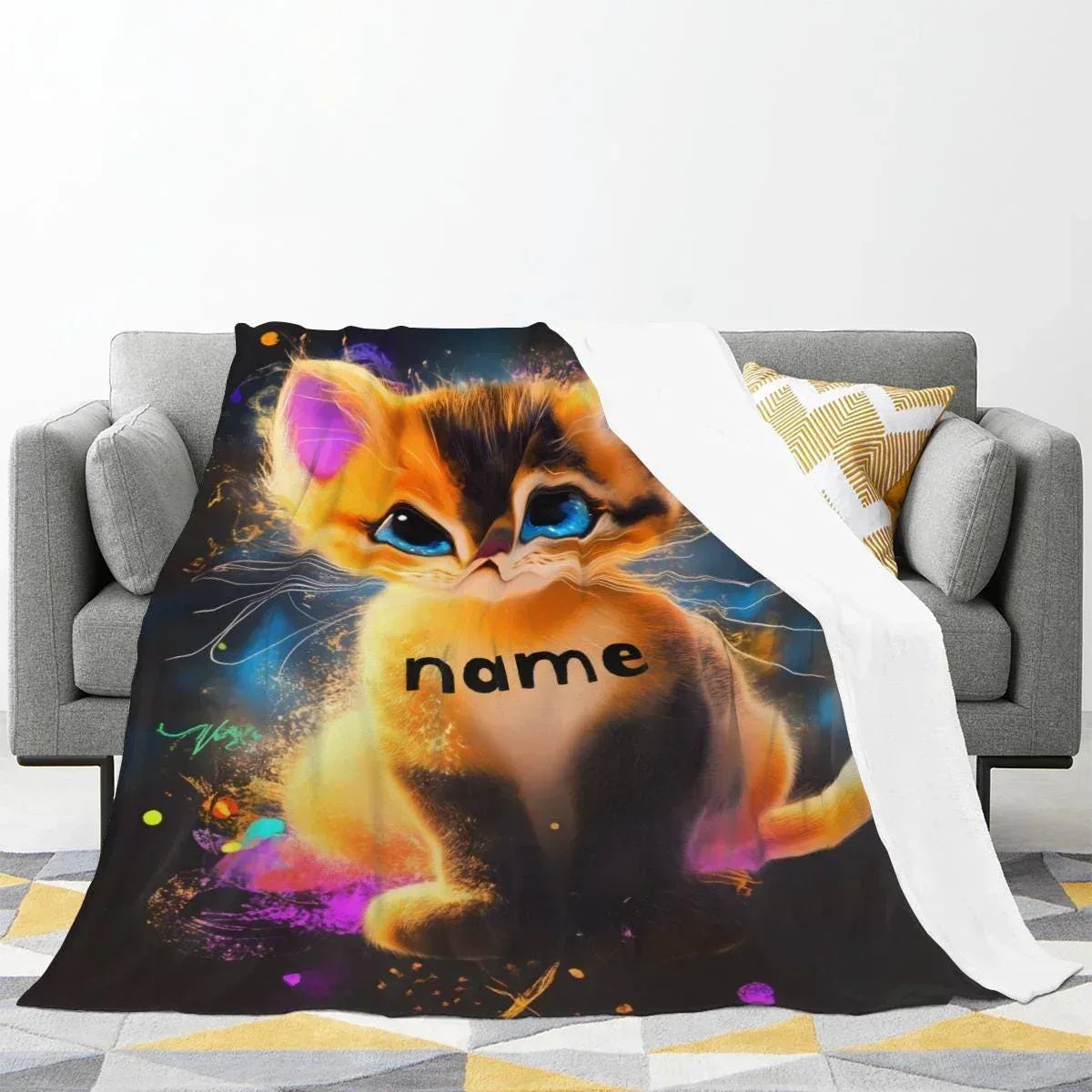 Personalized Starry-Eyed Kitten Blanket: Soft Flannel Fleece Cat Throw, Meow, Name Gift