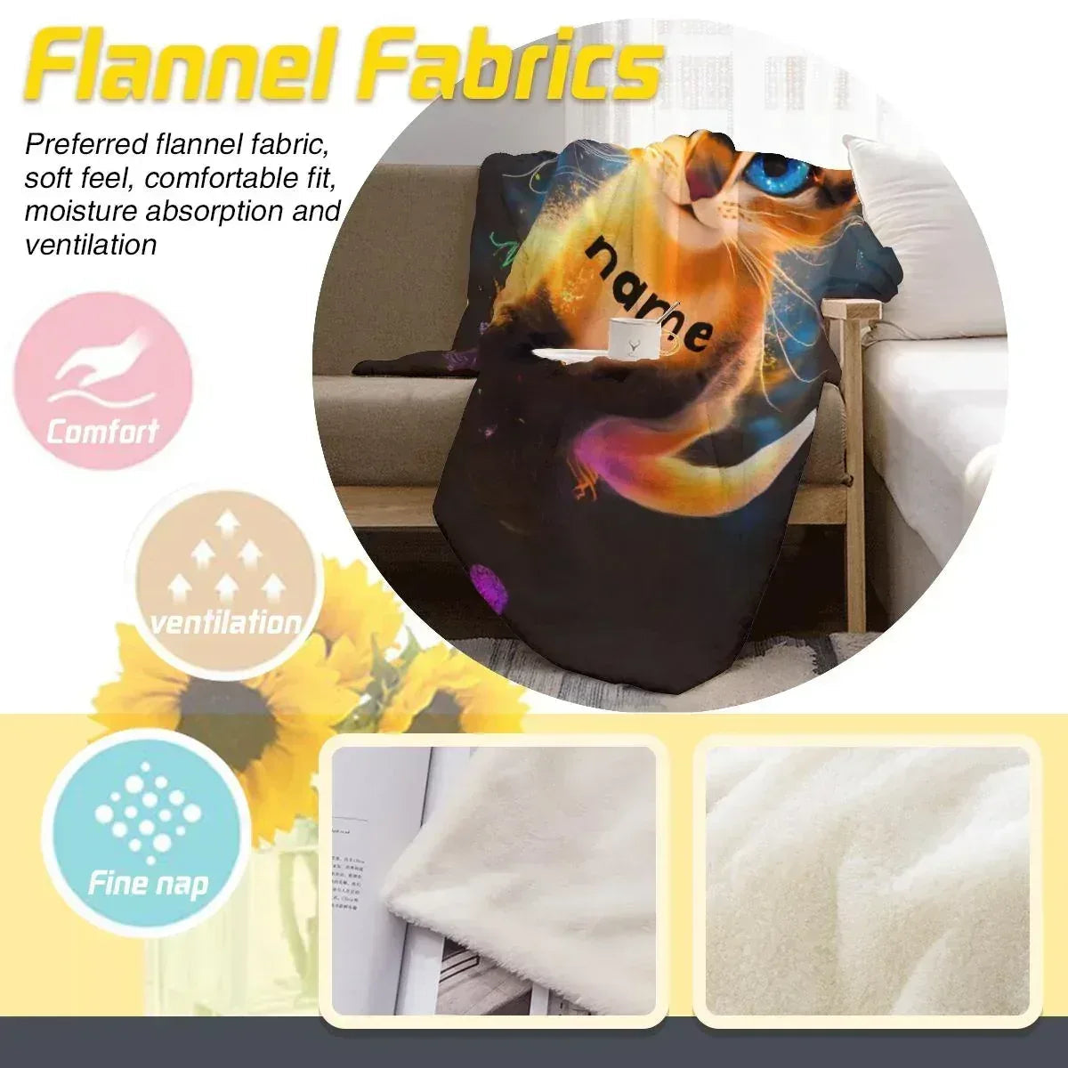 Personalized Starry-Eyed Kitten Blanket: Soft Flannel Fleece Cat Throw, Meow, Name Gift
