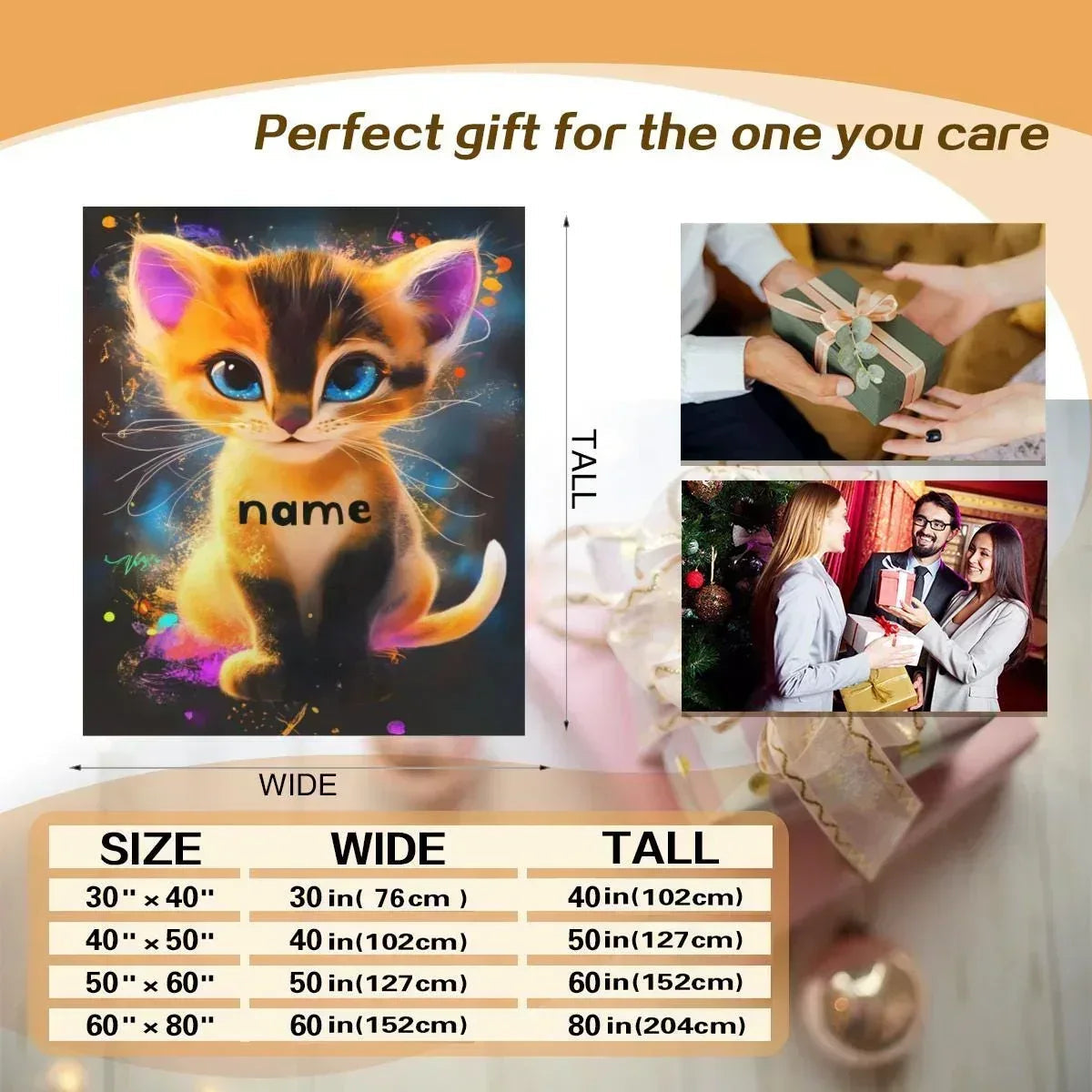 Personalized Starry-Eyed Kitten Blanket: Soft Flannel Fleece Cat Throw, Meow, Name Gift