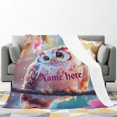 Personalized Owl Blanket: Magical Floral Fleece Throw, Soft Name Gift