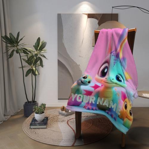 Personalized Dragon Blanket: Cartoon Flannel Fleece Dino Throw, Custom Name Gift