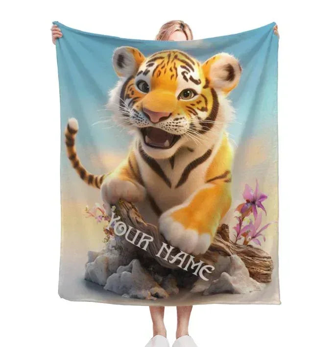 Personalized Tiger Blanket Soft: Wild Animal Jungle Theme Flannel Fleece Throw