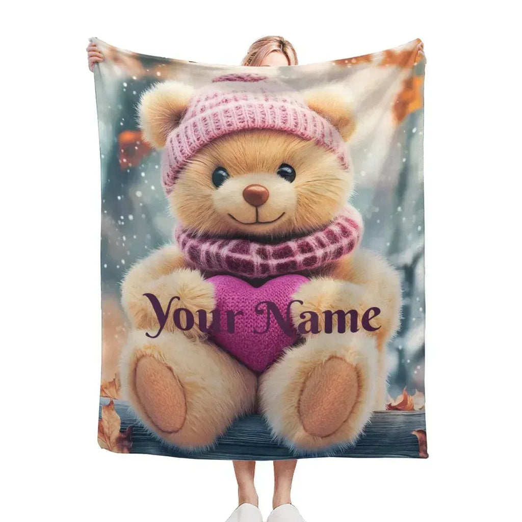 Personalized Snow Teddy Bear Plush Blanket: Flannel Fleece Snuggle Throw, Super Soft Name Gift