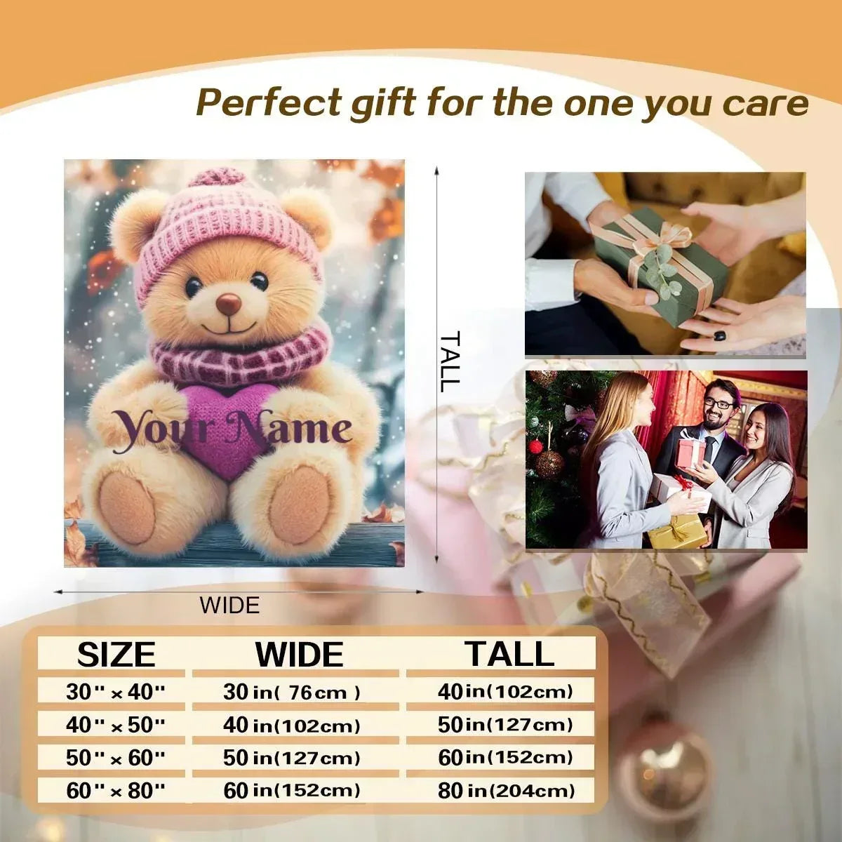 Personalized Snow Teddy Bear Plush Blanket: Flannel Fleece Snuggle Throw, Super Soft Name Gift