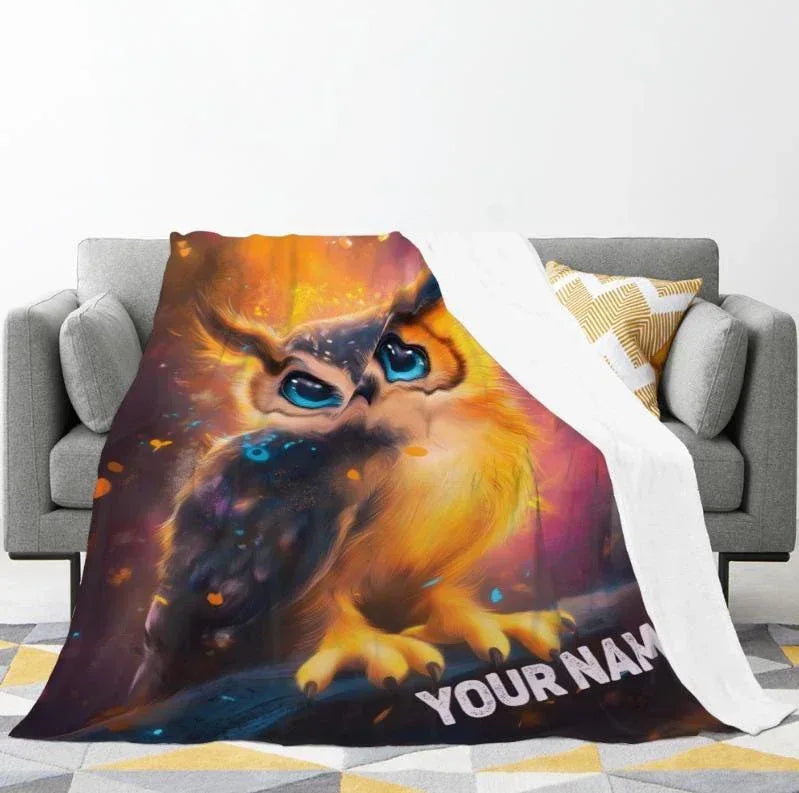 Personalized Cosmic Owl Blanket - Mystical Spirit Animal Throw, Custom Name Gift