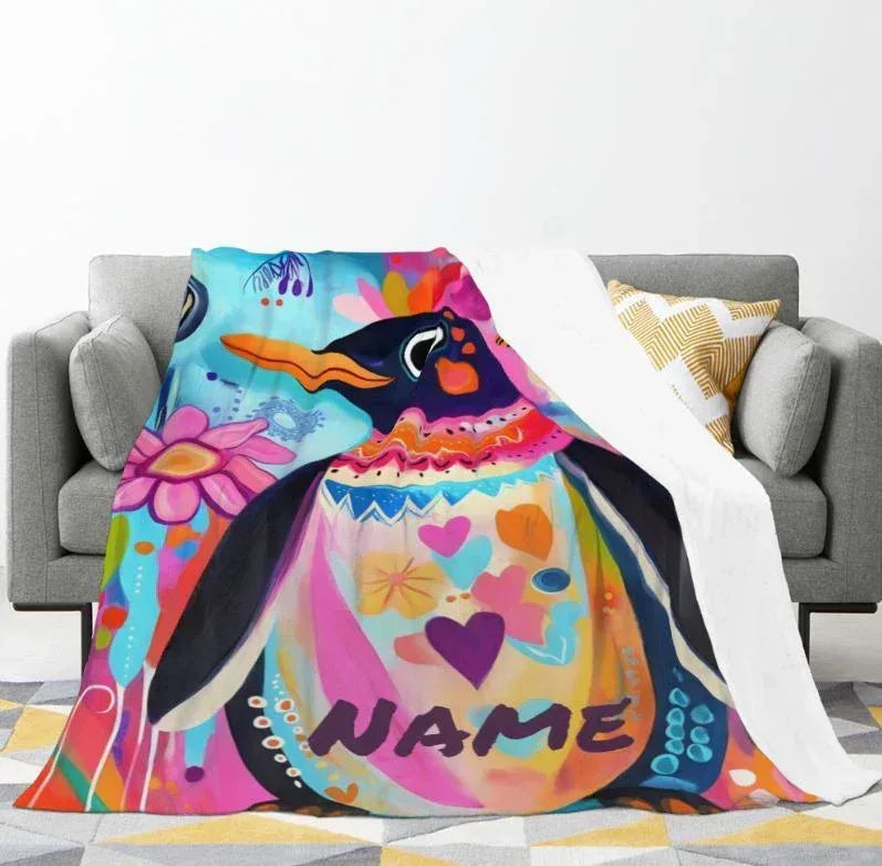 Personalized Penguin Blanket: Colorful Arctic Animal Happy Playful Flannel Fleece Throw, Soft Name Gift