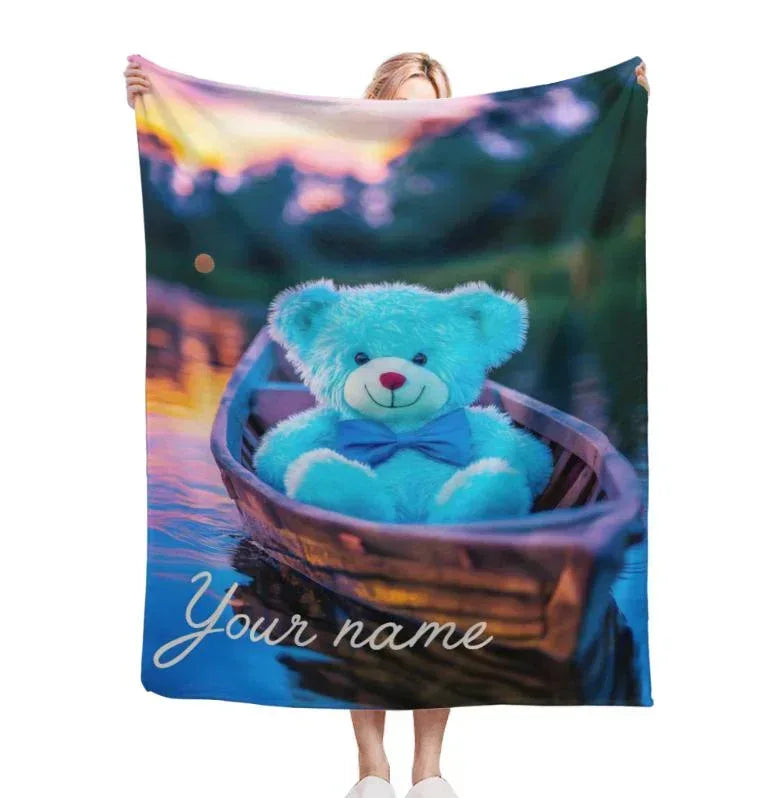 Personalized Twilight Teddy Bear Blanket: Dreamy Canoe Boat Adventure Throw, Soft Flannel Fleece