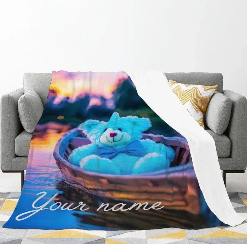 Personalized Twilight Teddy Bear Blanket: Dreamy Canoe Boat Adventure Throw, Soft Flannel Fleece