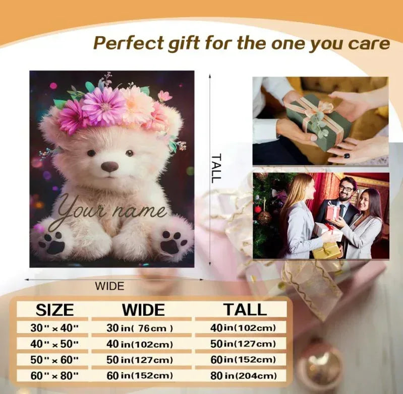 Personalized Teddy Bear Plush Blanket: Floral Crown, Soft Flannel Fleece Throw, Custom Name Gift