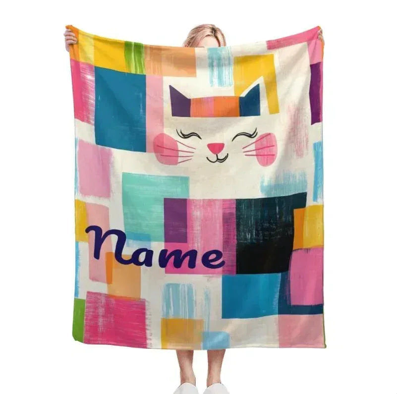 Personalized Cat Blanket: Warm, Playful Kitten Patchwork Fleece Throw, Meow, Super Soft Name Gift