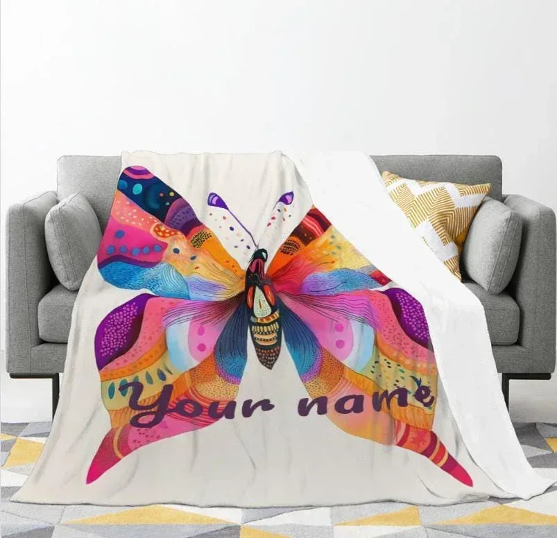 Personalized Butterfly Blanket: Vibrant Flannel Fleece Throw, Colourful Custom Name Gift