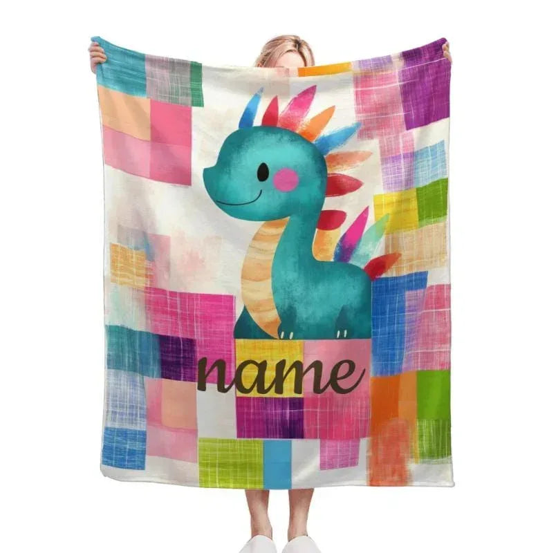 Personalized Dinosaur Blanket - Patchwork Maximalist Dragon Throw Custom Name Gift