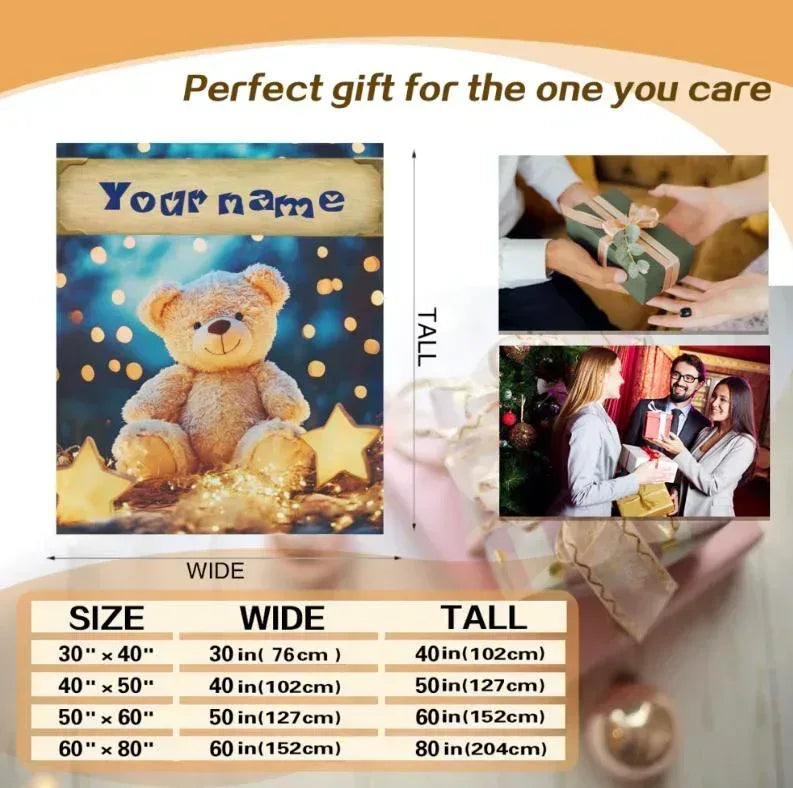Personalized Teddy Bear Plush Blanket: Dreamy Stars, Flannel Fleece Throw, Super Soft Name Gift