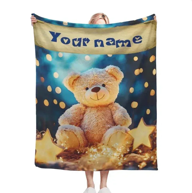Personalized Teddy Bear Plush Blanket: Dreamy Stars, Flannel Fleece Throw, Super Soft Name Gift