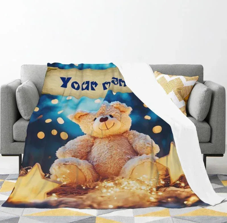 Personalized Teddy Bear Plush Blanket: Dreamy Stars, Flannel Fleece Throw, Super Soft Name Gift