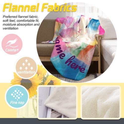 Personalized White Bunny Blanket: Rainbow Patchwork Microfiber Throw, Rabbit, Super Soft Name Gift