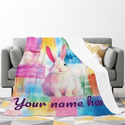 Personalized White Bunny Blanket: Rainbow Patchwork Microfiber Throw, Rabbit, Super Soft Name Gift