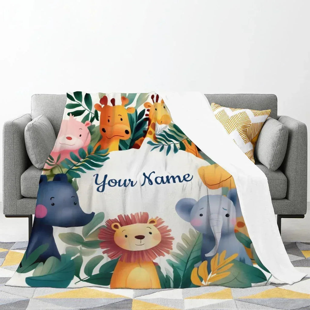 Personalized Safari Animal Blanket: Jungle Lion Elephant Giraffe Flannel Fleece Throw, Soft Name Gift