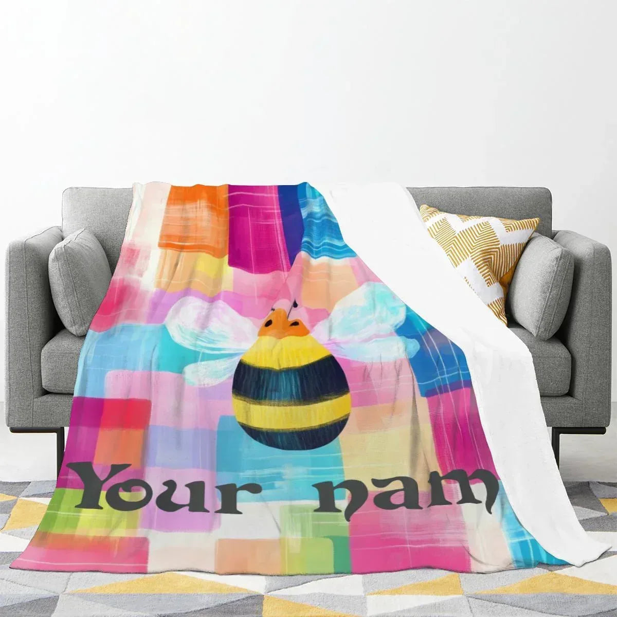 Personalized Bee Blanket: Patchwork Nursery Fleece Throw