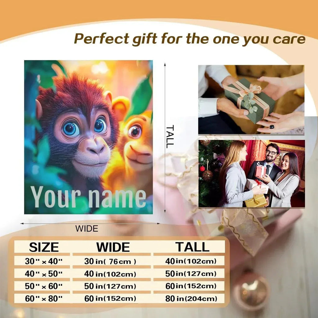 Personalized Monkey Jungle Animal Blanket: Soft Fleece Safari Ape Throw, Super Soft Name Gift