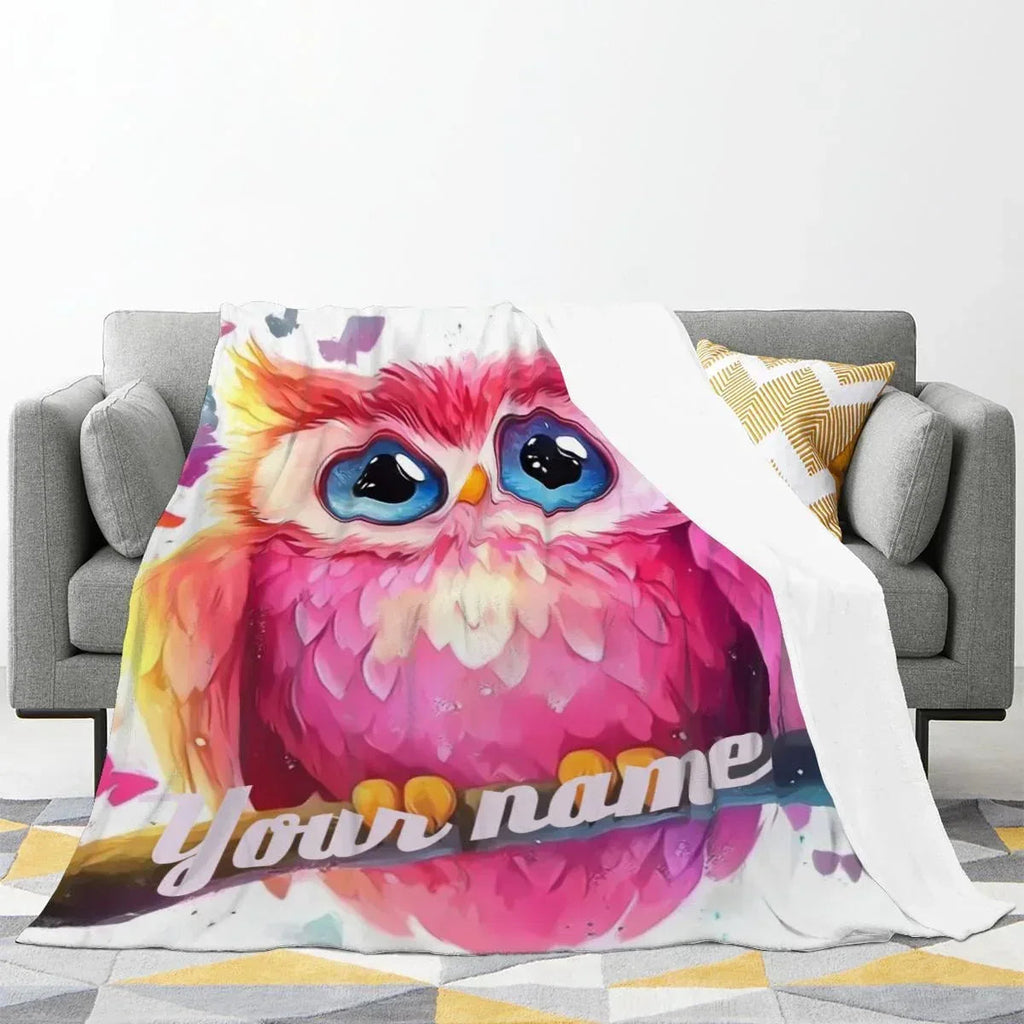 Personalized Pink Owl Bird Blanket: Flannel Fleece Throw, Super Soft Bedding Sofa Name Gift