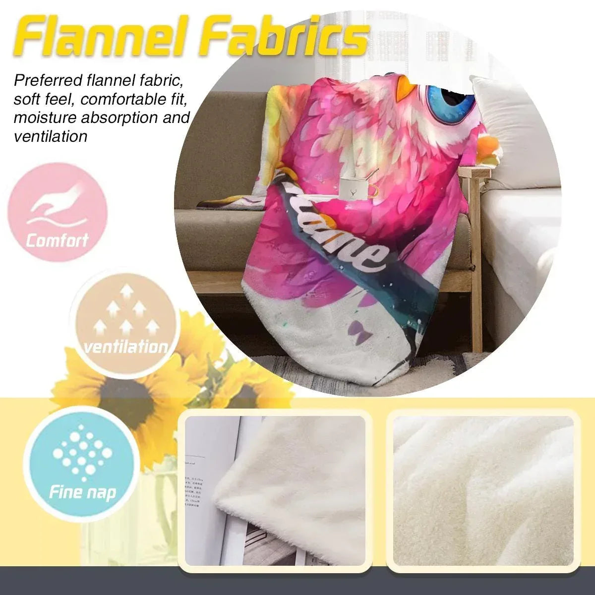 Personalized Pink Owl Bird Blanket: Flannel Fleece Throw, Super Soft Bedding Sofa Name Gift