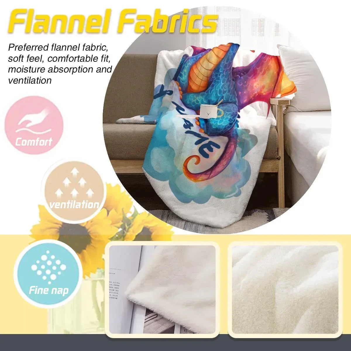 Personalized Dragon Blanket: Soft Flannel Fleece Dino Throw, Super Soft Name Gift