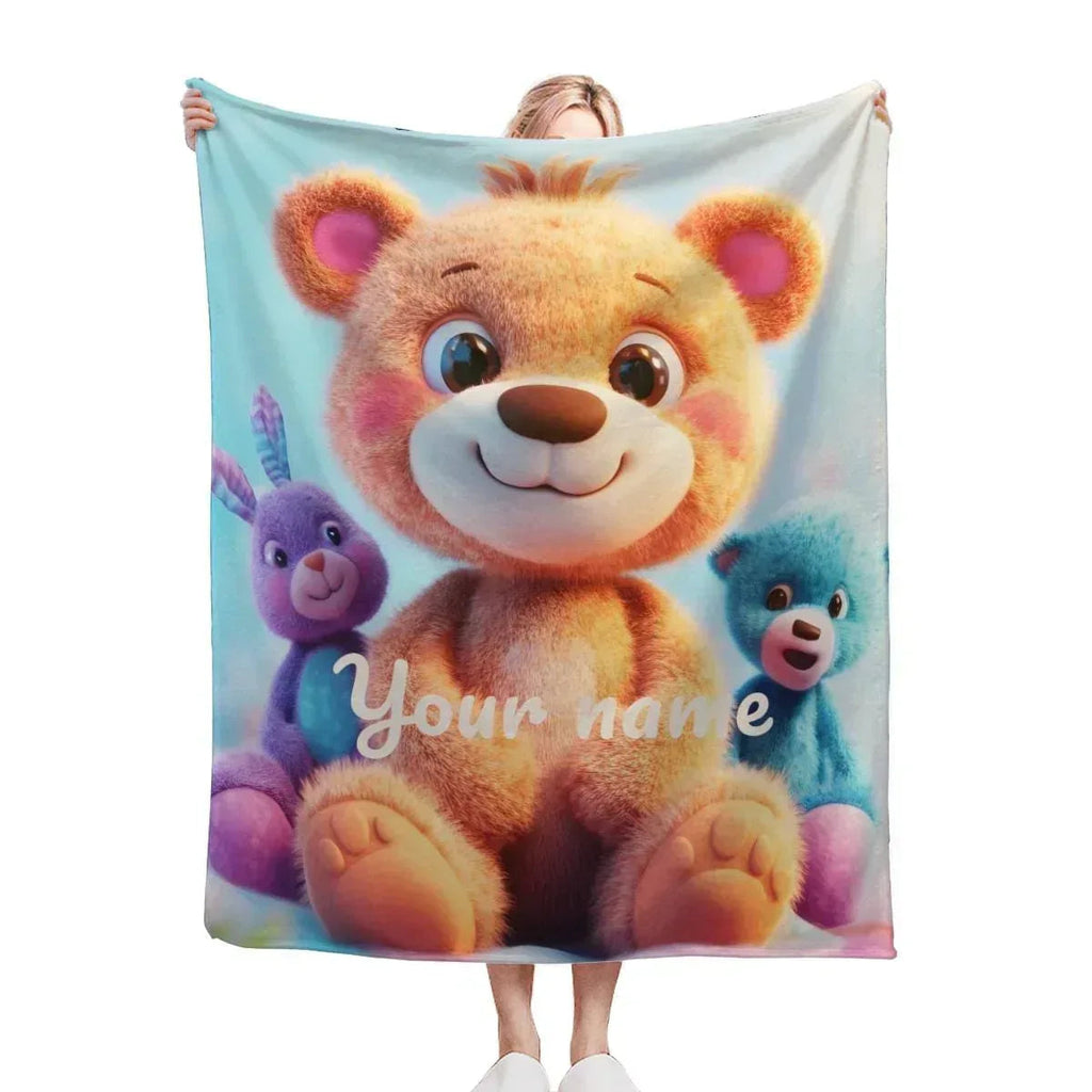 Personalized Teddy Bear Plush Blanket: Fluffy Cosy Throw, Soft Flannel Fleece Name Gift