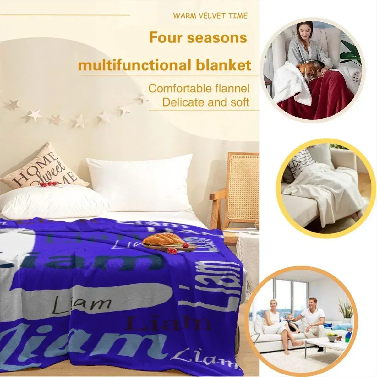 Add your Name & Letter - Personalized Vivid Blue Name Blanket – Custom Flannel Fleece Throw