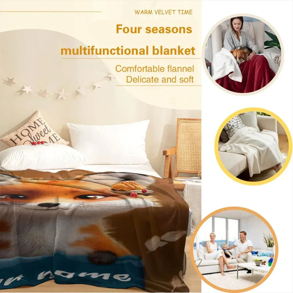 Personalized Fox Blanket: Enchanted Forest Flannel Fleece Throw, Kids Name Gift