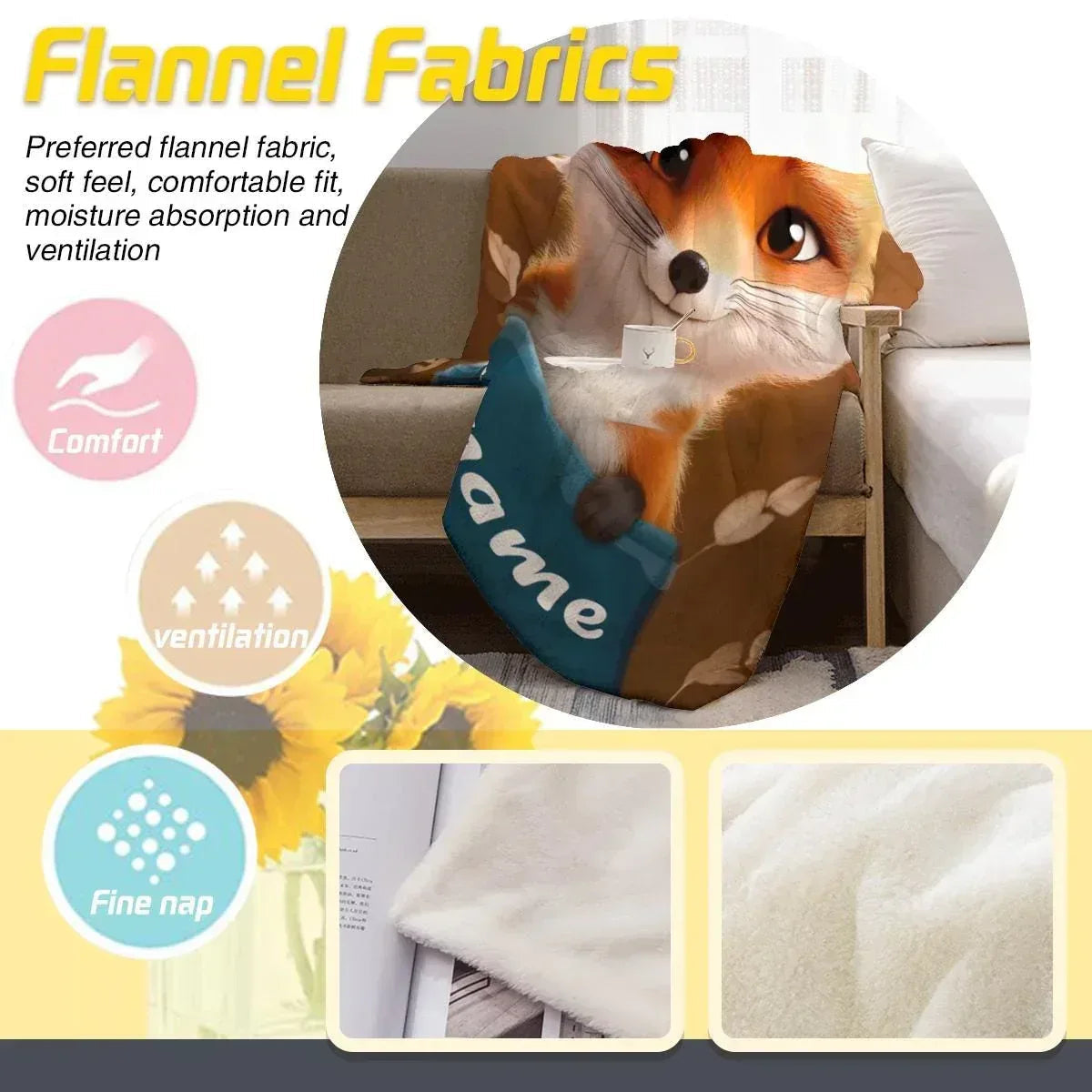 Personalized Fox Blanket: Enchanted Forest Flannel Fleece Throw, Kids Name Gift